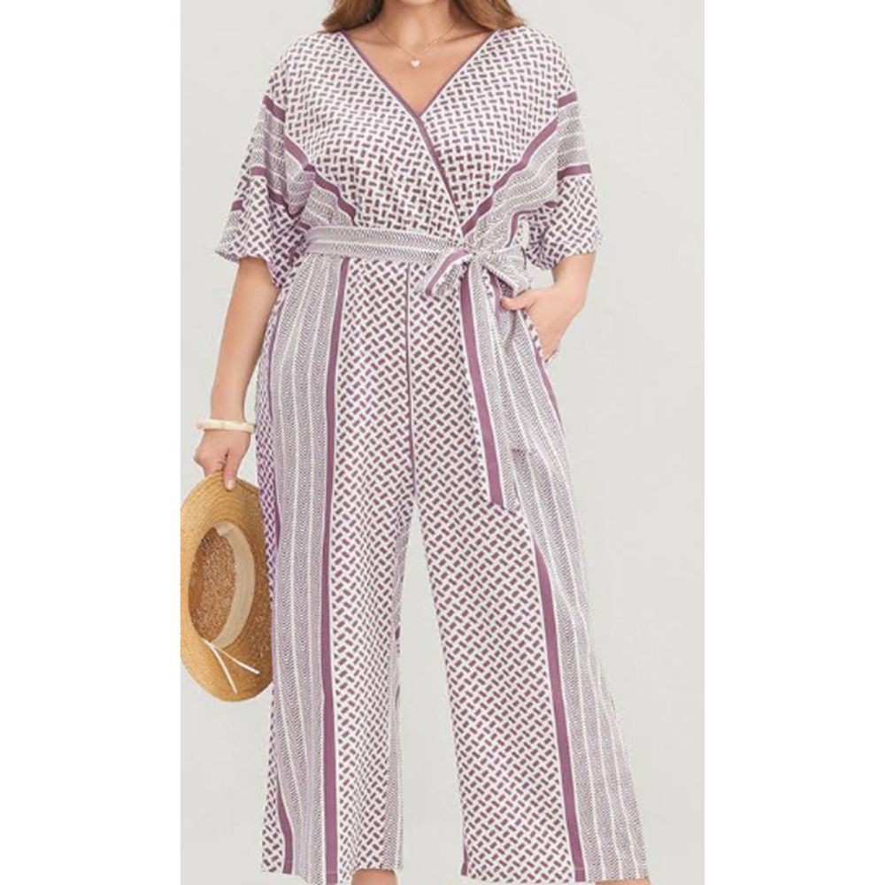 BLOOMCHIC 12 L mauve geometric vneck elastic waist wide leg jumpsuit NWT B140